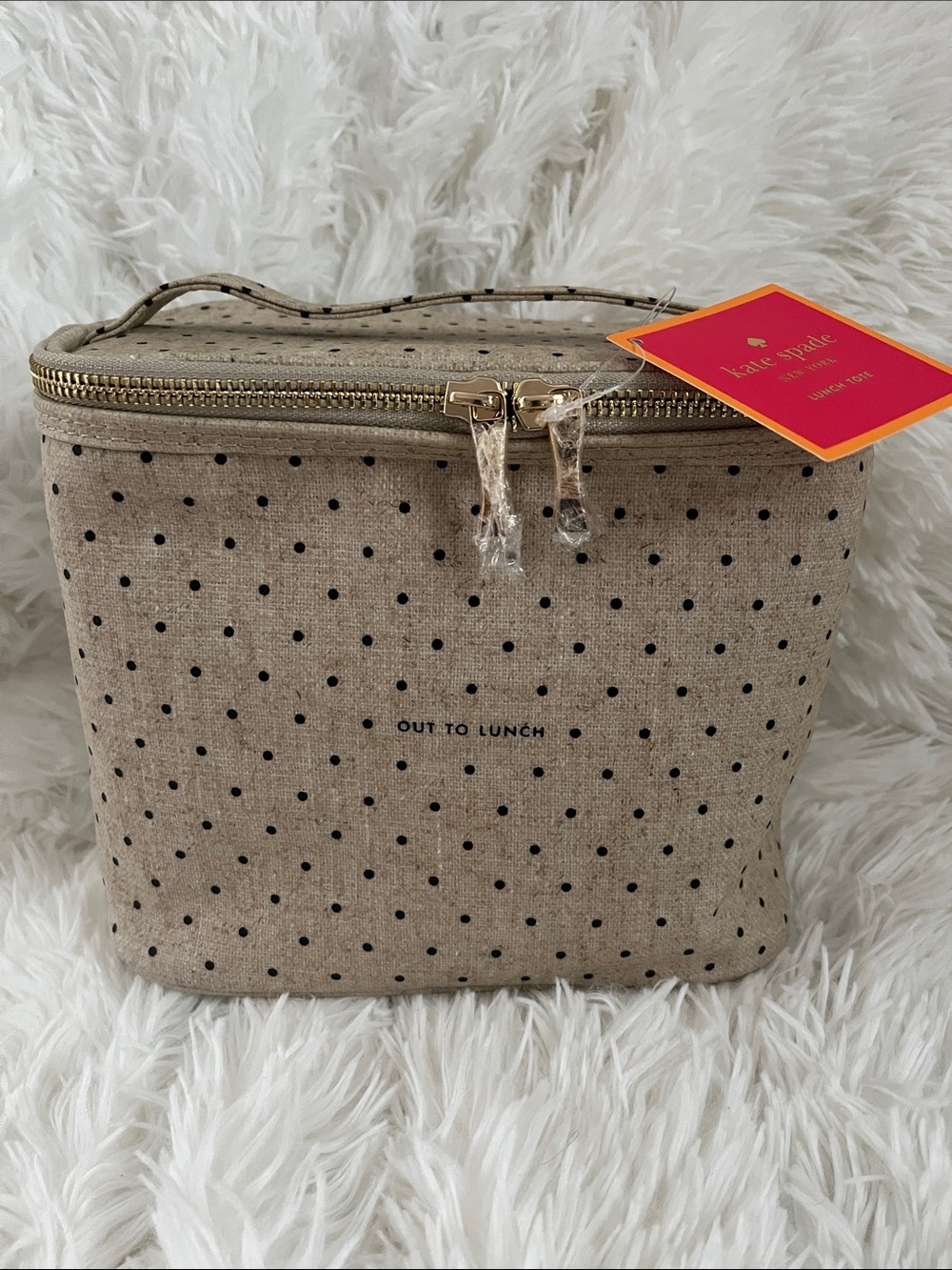 kate spade beige polka dot cosmetic pouch with gold zipper